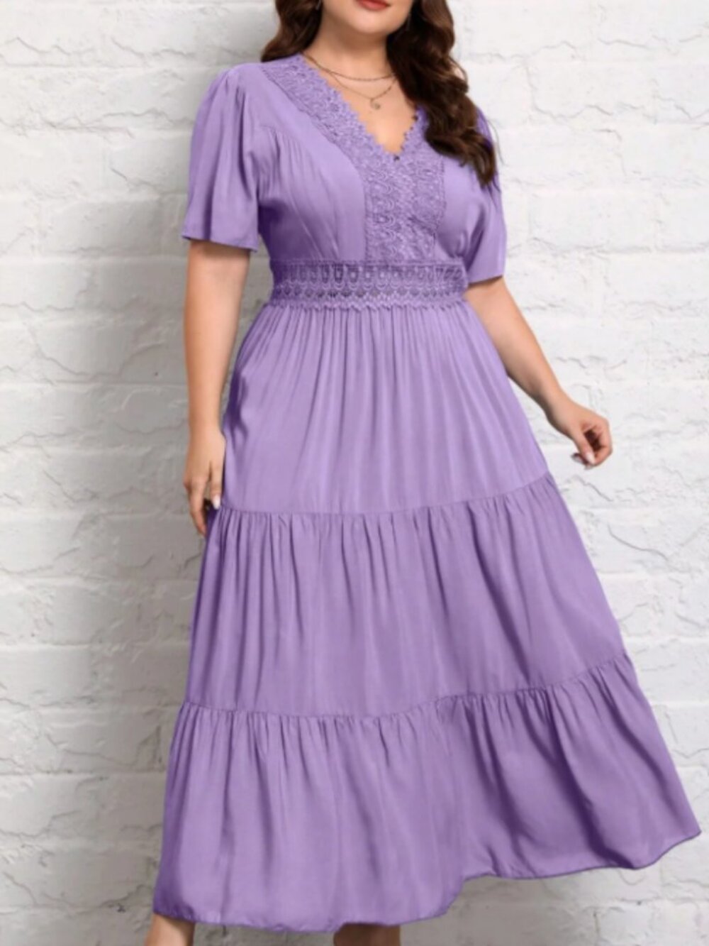 King Road Elegant Plus Size Guipure Lace Insert Layered Hem Dress 2X